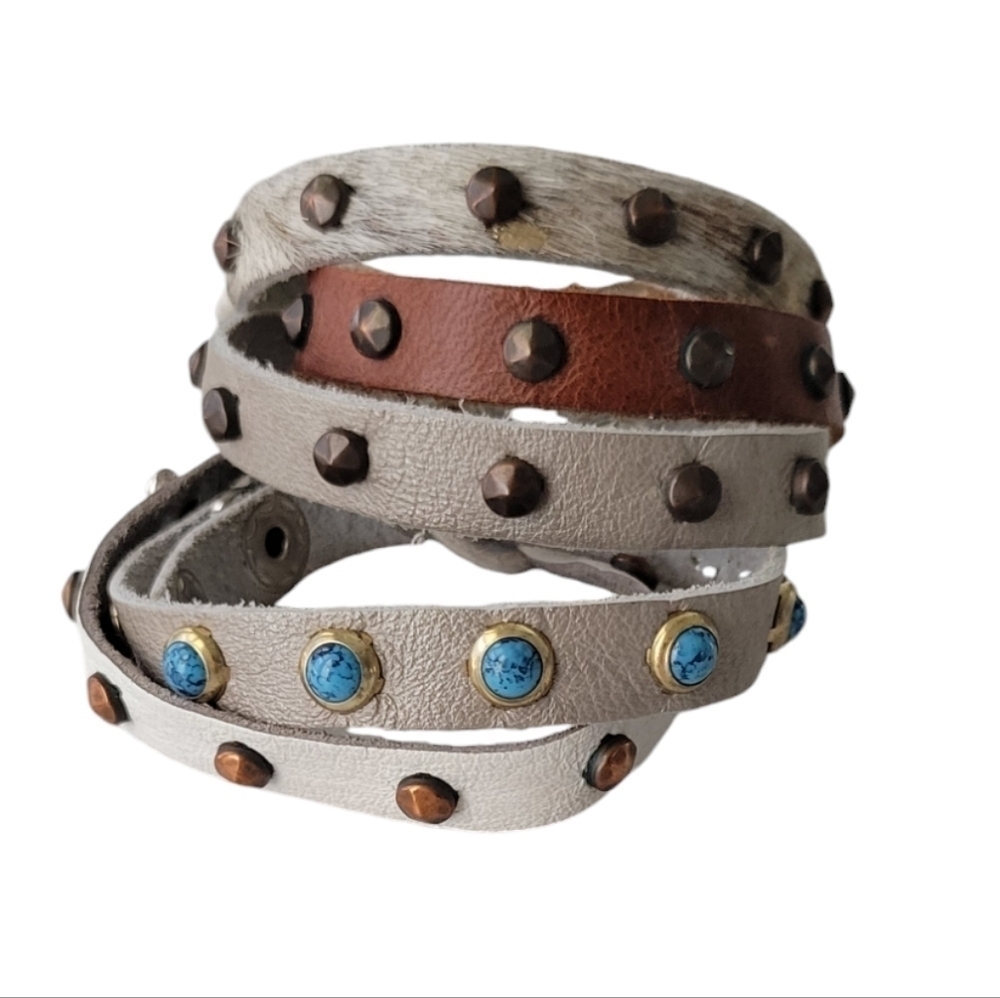 Leather Studded Wrap Bracelet Set Brown White Turquoise Boho Western One Size - Picture 6 of 9